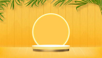Summer background,3D Cylinder Pedestal Podium with neon light,Plam leaf on Yellow Wooden panel background,Vector horizon backdrop with topical green leaves on wood plank texture for Spring, Summer