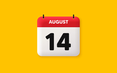 Calendar date 3d icon. 14th day of the month icon. Event schedule date. Meeting appointment time. Agenda plan, August month schedule 3d calendar and Time planner. 14th day day reminder. Vector