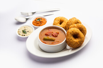 Sambar Vada or Medu vadai with sambhar and chutney - Popular South Indian snack or breakfast