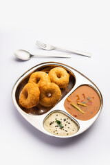 Sambar Vada or Medu vadai with sambhar and chutney - Popular South Indian snack or breakfast