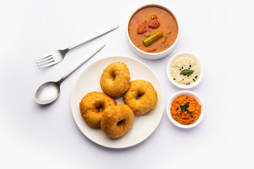 Sambar Vada or Medu vadai with sambhar and chutney - Popular South Indian snack or breakfast