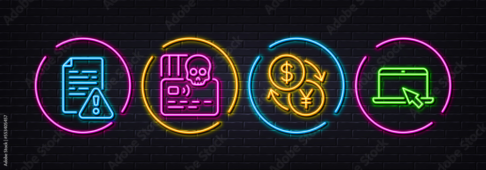 Poster instruction manual, cyber attack and currency exchange minimal line icons. neon laser 3d lights. por