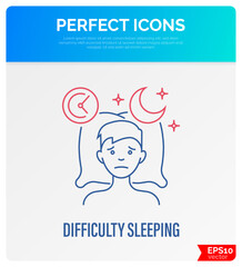 Insomnia: tired man lying on pillow, sleepless, depression, stress. Thin line icon. Vector illustration.