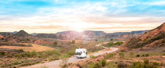 Motorhome on the road, Zaragoza province, Aragon in Spain- vacation, travel family