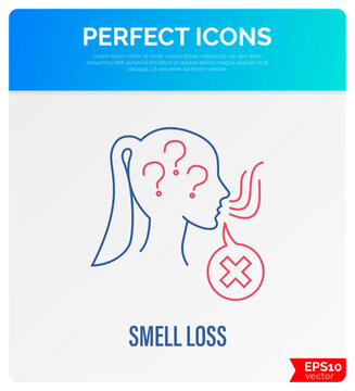 Smell loss, anosmia thin line icon. Girl sniffing. Vector illustration.