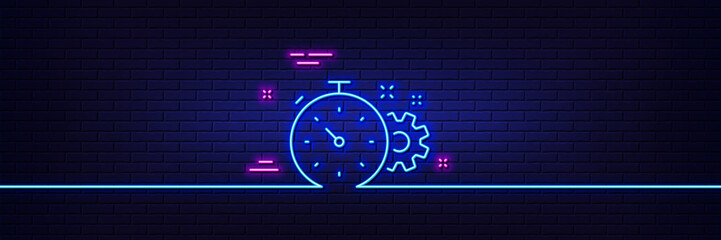 Neon light glow effect. Cogwheel with timer line icon. Engineering tool sign. Cog gear symbol. 3d line neon glow icon. Brick wall banner. Cogwheel timer outline. Vector