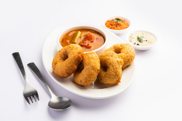Sambar Vada or Medu vadai with sambhar and chutney - Popular South Indian snack or breakfast