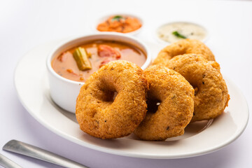 Sambar Vada or Medu vadai with sambhar and chutney - Popular South Indian snack or breakfast
