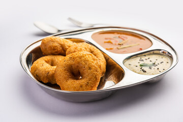 Sambar Vada or Medu vadai with sambhar and chutney - Popular South Indian snack or breakfast