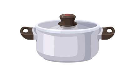 Metal saucepan. Stainless steel sauce pan, kitchen cooking utensil. Clean aluminum pot covered with glass lid, kitchenware. Flat vector illustration isolated on white background