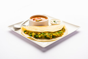 A dosa, also called dosai, dosey, or dosha, is a thin pancake in South Indian cuisine