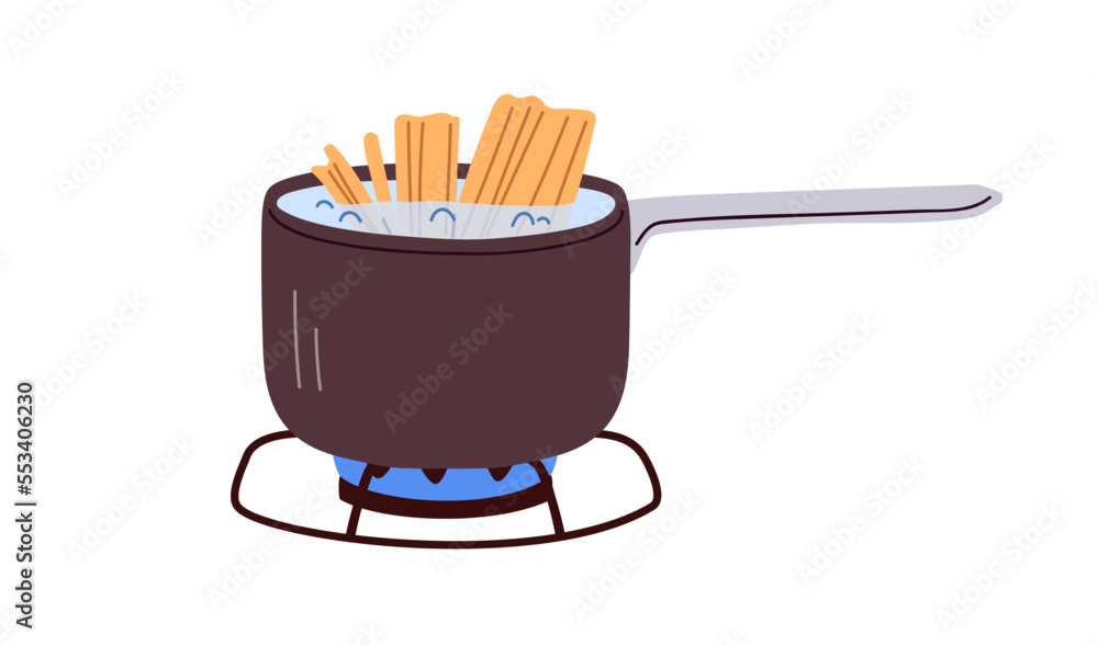 Wall mural Pasta pot with boiling water and Italian spaghetti. Open saucepan on burning gas. Cook process in sauce pan on cookers fire. Cooking on stove. Flat vector illustration isolated on white background