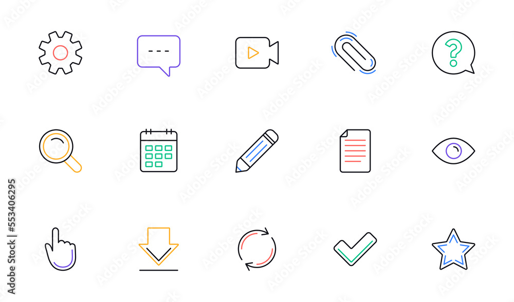 Poster document, calendar and question mark line icons. search, video camera and check mark. linear icon se
