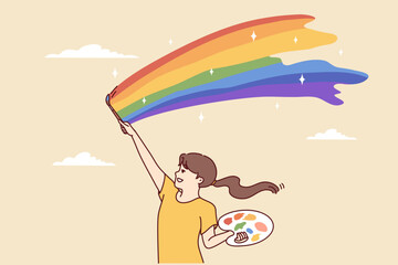Happy teenage girl paints rainbow in sky with brush and palette with paints person to make nature better. Smiling schoolgirl in casual t-shirt rejoices in good weather. Flat vector design 