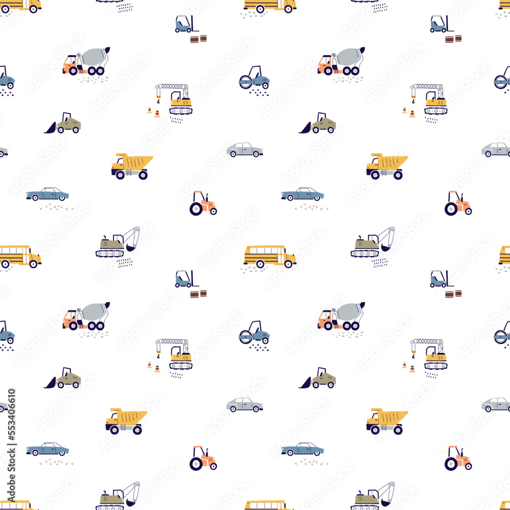 Poster seamless pattern with toy transports in scandinavian style. kids repeating print with cute cars, tra