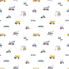 Seamless pattern with toy transports in Scandinavian style. Kids repeating print with cute cars, tractors, trucks, buses. Childish Scandi background for textile, wallpaper. Flat vector illustration