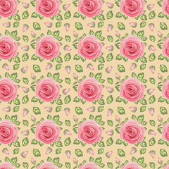 Fototapeta na wymiar Roses pink vector with seamless pattern on a yellow pastel background
