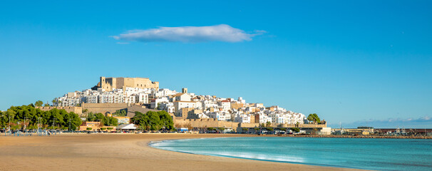 Peniscola city landscape and sea mediterranean beach - Castellon in Spain,  Valencia province