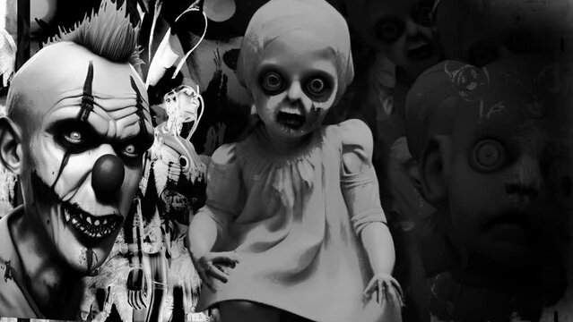  animation of spooky,creepy and scary vintage baby dolls and clown with effect of camera shake