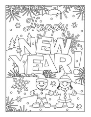 Coloring page, sign or poster with Happy New Year greeting, outdoor winter scene, gingerbread man and snow maiden girl
