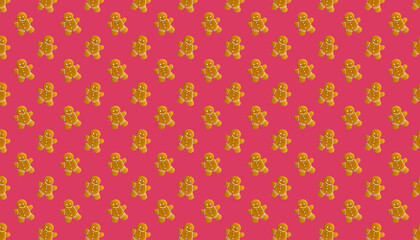 Seamless pattern. Isolated gingerbread man on background of Viva Magenta. Selective focus.