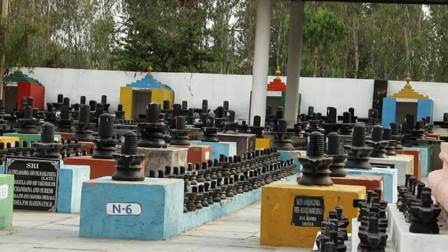 A close view of shivalingas inside the temple at summer
