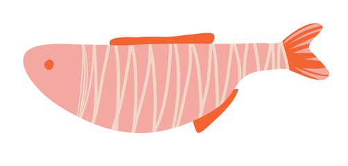 Vector hand drawn cute fish in flat style. Pink fish with stripes.