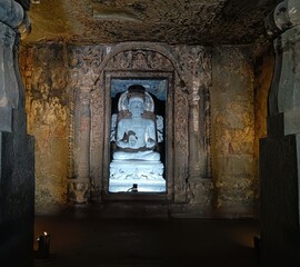 Ancient Buddha statue in Ajanta caves world heritage site 
