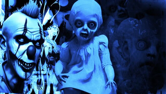    animation of spooky,creepy and scary vintage baby dolls and clown with zoom effect