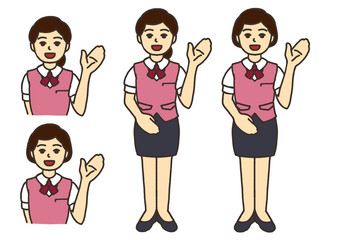 手を上げてご案内をする事務員の女性のイラストセット