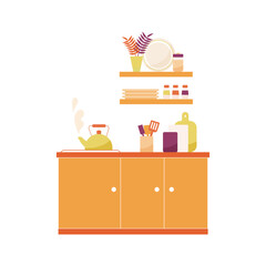 Vector flat illustration of kitchen interior with boiling teapot, appliances and kitchenware. 