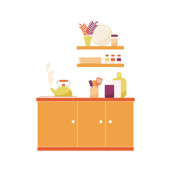 Naklejka premium Vector flat illustration of kitchen interior with boiling teapot, appliances and kitchenware. 
