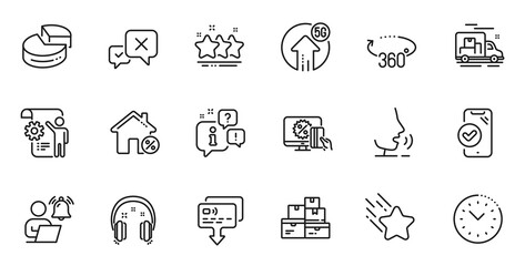 Outline set of Wholesale goods, Loan house and Reject line icons for web application. Talk, information, delivery truck outline icon. Include Stars, Time management, Headphones icons. Vector