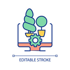 Fototapeta premium Landscape design service RGB color icon. Gardening website. Buy plants online. Backyard planning software. Isolated vector illustration. Simple filled line drawing. Editable stroke. Arial font used