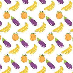 Seamless pattern of cute shiny apricots, eggplants, banana. Hand drawn flat vector illustration isolated on white background. For textile print, wallpaper, wrapping paper, greeting card, gift 