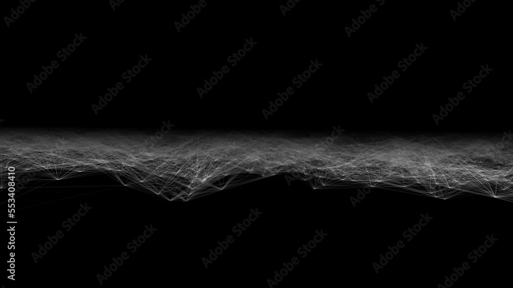 Poster wave of digital particles on a black background. abstract interlacing lines and points. digital conn