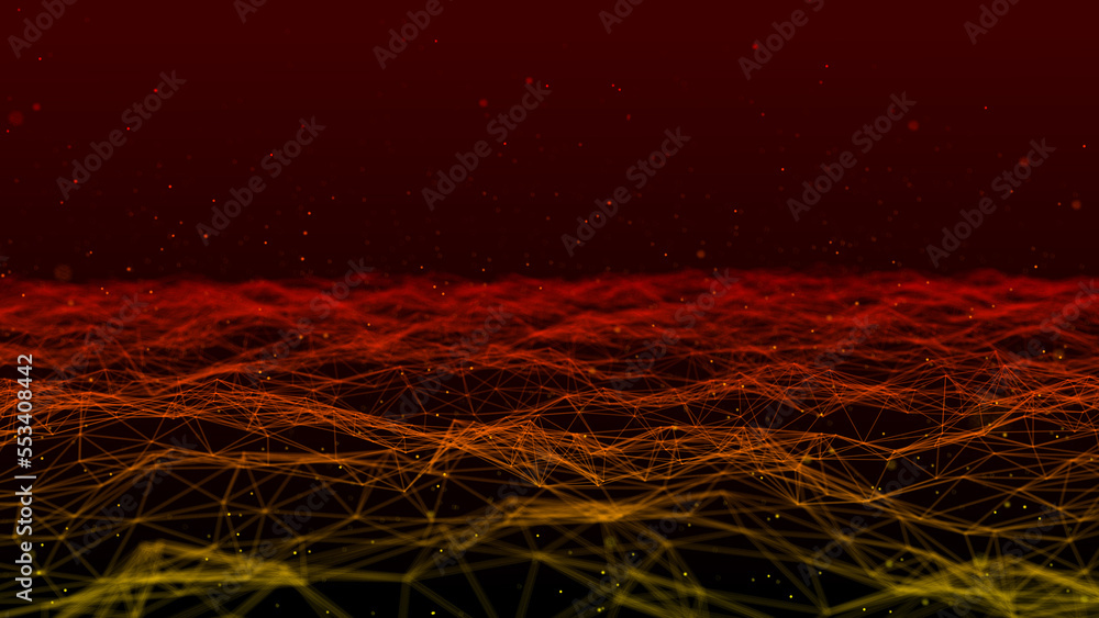 Poster Futuristic wave with lines and dots. Abstract background with a dynamic wave. Particle placement with hanging dots in space. Large data background. 3d rendering.