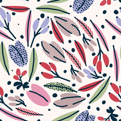 Fototapeta na wymiar Cute botanical seamless pattern with flowers and berries. Vector background, print, design