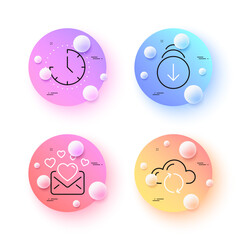 Cloud sync, Scroll down and Love mail minimal line icons. 3d spheres or balls buttons. Time icons. For web, application, printing. Document storage, Swipe screen, Valentines letter. Clock. Vector