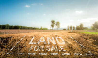 Land plot management - real estate concept with a vacant land on a green field available for building construction and housing subdivision in a residential area for sale, rent, buy or investment. © Puttachat