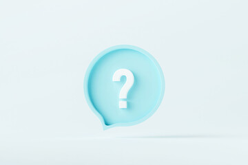 Blue question mark icon sign or ask faq answer solution and information support illustration business symbol isolated on white background with problem graphic idea or help concept. 3D rendering.