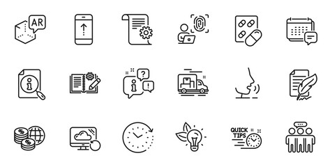 Outline set of Message, Feather signature and Engineering documentation line icons for web application. Talk, information, delivery truck outline icon. Vector
