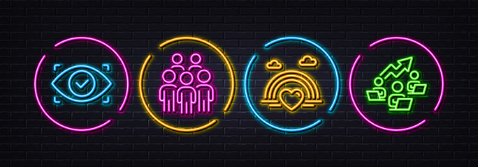 Lgbt, Biometric eye and Group people minimal line icons. Neon laser 3d lights. Teamwork chart icons. For web, application, printing. Rainbow heart, Security scan, Business meeting. Networking. Vector
