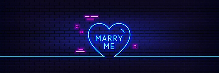 Neon light glow effect. Marry me line icon. Sweet heart sign. Wedding love symbol. 3d line neon glow icon. Brick wall banner. Marry me outline. Vector