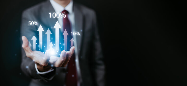 Businessman hand Increase Graph in business hand of analytics and financial, Changes in new planning, Business growth, ideas and perspectives, Stock investment,  business and stock market.