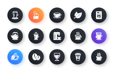 Coffee and Tea icons. Cappuccino, Teapot and Coffeepot. Coffee beans classic icon set. Circle web buttons. Vector