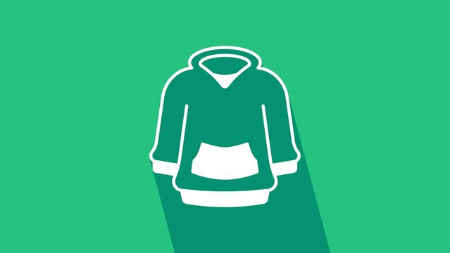 White Hoodie icon isolated on green background. Hooded sweatshirt. 4K Video motion graphic animation