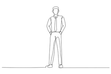 Cartoon of Full length businessman standing and posing with hands in pockets. One continuous line art style
