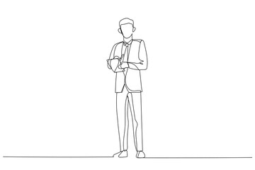 Drawing of positive businessman holding clipboard giving presentation. Continuous line art style