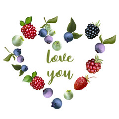 Love you card template with cute colorful berries and leaves, raspberries, strawberries, blueberries, blackberries. 